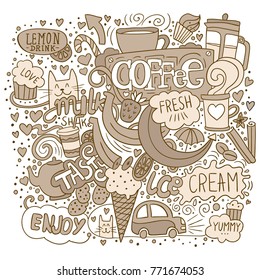 Freestyle coffee and sweets illustration. Brown and white sketch art with drinks, fruits, cats, hearts and lettering. Doodle elements for prints, interior decor and package design