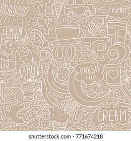 Freestyle coffee and sweets seamless vector pattern. Beige and white sketch background with drinks, fruits, cats, hearts and lettering. Doodle texture for prints, interior decor and package design