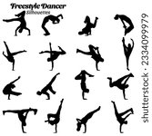 Freestyle dancer silhouette vector illustration set.