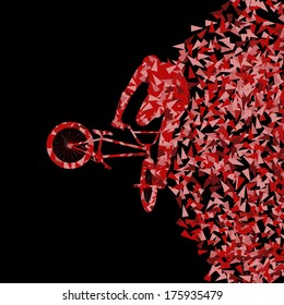 Freestyle extreme cyclist silhouette sport abstract vector background concept made of triangular fragments explosion