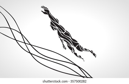 Freestyle Female Swimmer Black Silhouette. Sport swimming, front crawl. Vector Professional Swimming Illustration