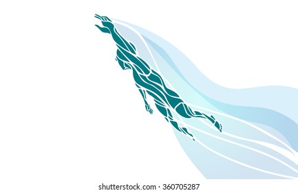 Freestyle Female Swimmer Color Silhouette. Sport swimming, front crawl. Vector Professional Swimming Illustration