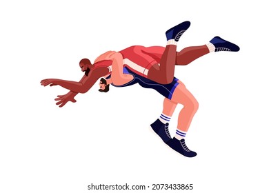 Freestyle fighters wrestling, competing in sports battle. International wrestlers fighting. Athlete attacking opponent, throwing him over body. Flat vector illustration isolated on white background