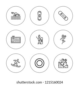 Freestyle icon set. collection of 9 outline freestyle icons with frisbee, snowboard, snowboarder, snowboarding icons. editable icons.