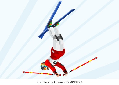 Freestyle jump skier athlete winter sport man vector 3D isometric icon.