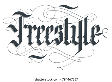 Freestyle lettering typography emblem, extreme sport t-shirt, bmx skateboard rider print, floristics calligraphy, athletic apparel, urban tee vector