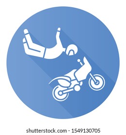 Freestyle motocross blue flat design long shadow glyph icon. Motorcycle stunt riding. Person performing motorcycling air stunt. Extreme sport. Vector silhouette illustration