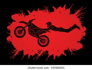 Freestyle Motocross flying trick designed on splatter blood background graphic vector