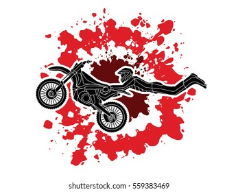 Freestyle Motocross flying trick designed on splatter blood background graphic vector