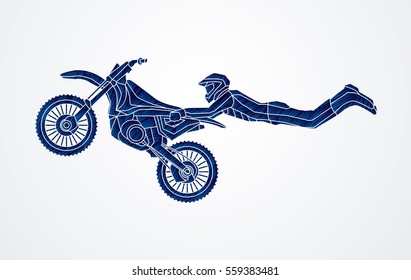 Freestyle Motocross flying trick designed using blue grunge brush graphic vector
