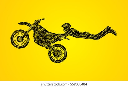 Freestyle Motocross flying trick designed using black grunge brush graphic vector