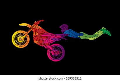 Freestyle Motocross flying trick designed using melting colors graphic vector