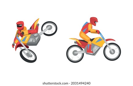 Freestyle Motocross with Motorcycle Rider Performing Jumps and Stunt Vector Set