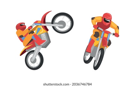 Freestyle Motocross with Motorcycle Rider Performing Jumps and Stunt Vector Set