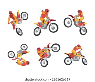 Freestyle Motocross with Motorcycle Rider Performing Jumps and Stunt Vector Set