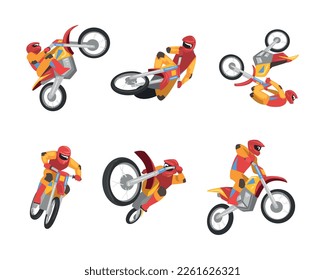 Freestyle Motocross with Motorcycle Rider Performing Jumps and Stunt Vector Set