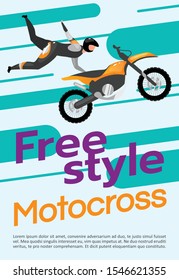 Freestyle motocross poster vector template. Extreme sport. Brochure, cover, booklet page concept design with flat illustrations. Motorcycle stunts. Advertising flyer, leaflet, banner layout idea