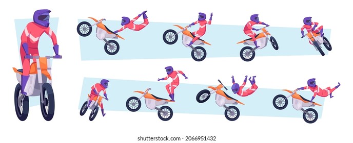 Freestyle motocross. Sport bike riders jump style exact vector motocross drivers in action poses