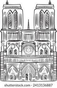 Freestyle Notre Dame de Paris Cathedral France Hand drawn vector illustration - Line art drawing in Black and White 