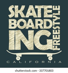 Freestyle Skate Board typography, Skateboarding t-shirt graphic design, grunge style emblem. vector