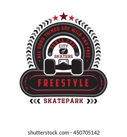 FREESTYLE  SKATE PARK.  CITY OF SKATERS SANTA CRUZ CALIFORNIA. Design fashion apparel print. T shirt graphic modern vector illustration badge  insignia emblem
 label logo template.