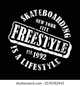 freestyle Skateboard print for t-shirt. Design clothing for a skate board theme. Vector skateboard illustration.