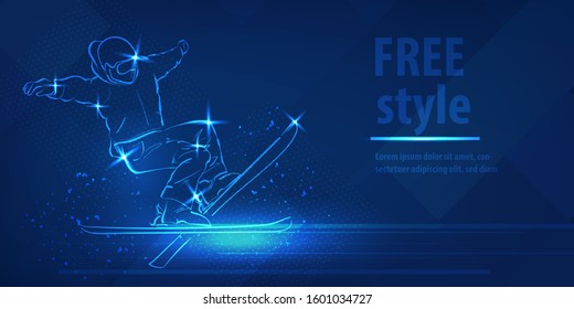 Freestyle ski man figure jumping sport. Blue neon horizontal banner. Olympic winter games. Freestyle ski man speed action. Man extreme figure. Snow board blue neon winter sport vector background.