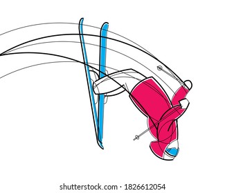 Freestyle skier flying upside down. Linear drawing