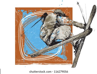 Freestyle skier. Vector illustration in grunge style. Hand drawing. Editable in layers.