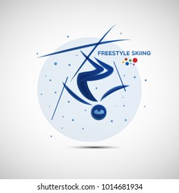 Freestyle Skiing championship banner. Winter sports icon. Abstract sportsman silhouette. Vector illustration of freestyle skier doing a somersault for your design