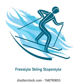 Freestyle Skiing Slopestyle icon. Olympic species of events in 2018. Winter sports games icons, vector pictograms for web, print and other projects. Vector illustration isolated on a white background