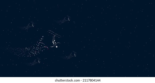 A freestyle skiing symbol filled with dots flies through the stars leaving a trail behind. There are four small symbols around. Vector illustration on dark blue background with stars