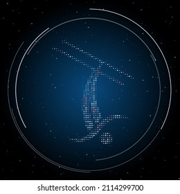The freestyle skiing symbol filled with white dots. Pointillism style. Some dots is red. Vector illustration on blue background with stars