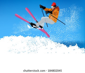 Freestyle Skiing.Mountain skiing.Extreme Skiing.Winter Sport.Vector
