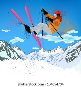 Freestyle Skiing.Mountain skiing.Extreme Skiing.Winter Sport.Vector 