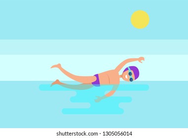 Freestyle sport activity, professional man swimmer in goggles and hat. Smiling expert swimming in sea water, shining sun above athletic male vector