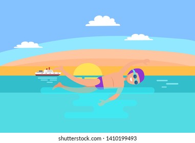 Freestyle stroke of swimmer vector. Professional sport , workout activities of man wearing goggles and protective cap. Ship vessel on water surface
