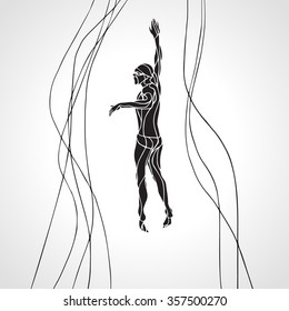 Freestyle Swimmer Black Silhouette. Sport swimming, front crawl. Vector Professional Swimming Illustration