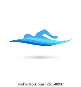 Freestyle Swimmer Silhouette with Water Pool Waves. Stock Vector Illustration