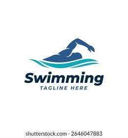 Logotipo de natação estilo livre - Silhueta azul do nadador em ondas da água