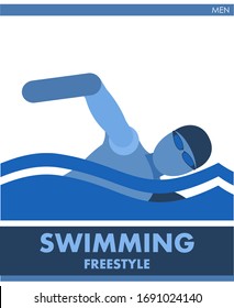 Freestyle swimming is a sport. Male competition. Vector. Icon, pictogram. Summer international sports. Guys are swimming in the pool. Men competition. Symbol of championship, club.