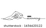 Freestyle swimming vector banner. Competition vector minimalistic sport background. Sport event. One continuous line drawing of swimmer.