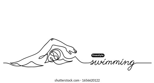 Freestyle swimming vector banner. Competition vector minimalistic sport background. Sport event. One continuous line drawing of swimmer.