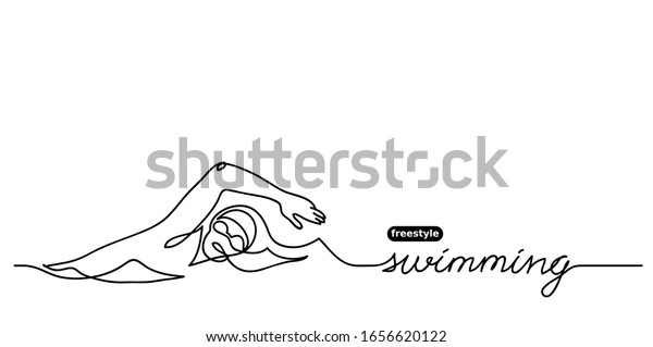 Freestyle swimming vector banner. Competition\
vector minimalistic sport background. Sport event. One continuous\
line drawing of\
swimmer.