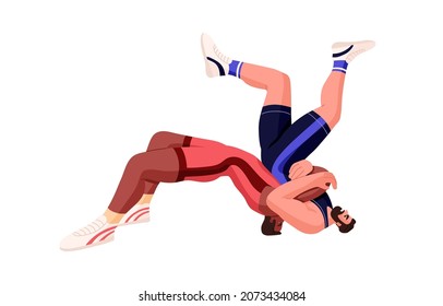Freestyle wrestlers fighting, competing in championship battle. Fighters wrestling. Athlete attacking opponent to make him fall down. Flat vector illustration of sparing isolated on white background
