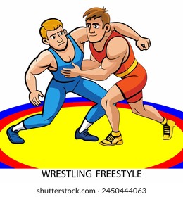 Freestyle wrestling athletes isolated on white background in cartoon style. Vector illustration.