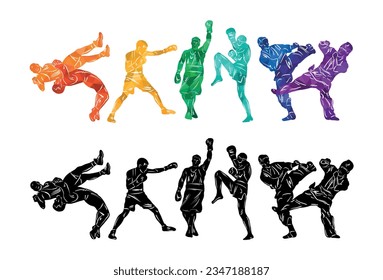 Freestyle wrestling, boxing, kickboxing, muay thai, karate, taekwondo, mixed martial arts vector colorful people silhouettes. Wrestlers, boxers, karatekas.