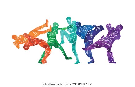 Freestyle wrestling, boxing, kickboxing, muay thai, karate, taekwondo, mixed martial arts vector colorful people silhouettes. Wrestlers, boxers, karatekas.