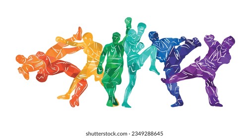 Freestyle-Ringen, Boxen, Kickboxen, Muay Thai, Karate, Taekwondo, gemischte Kampfkünste Vektorgrafik Menschen Silhouetten. Wrestler, Boxer, Karatekas.