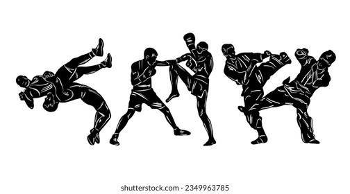 Freestyle wrestling, boxing, kickboxing, muay thai, karate, taekwondo, mixed martial arts vector colorful people silhouettes. Wrestlers, boxers, karatekas.